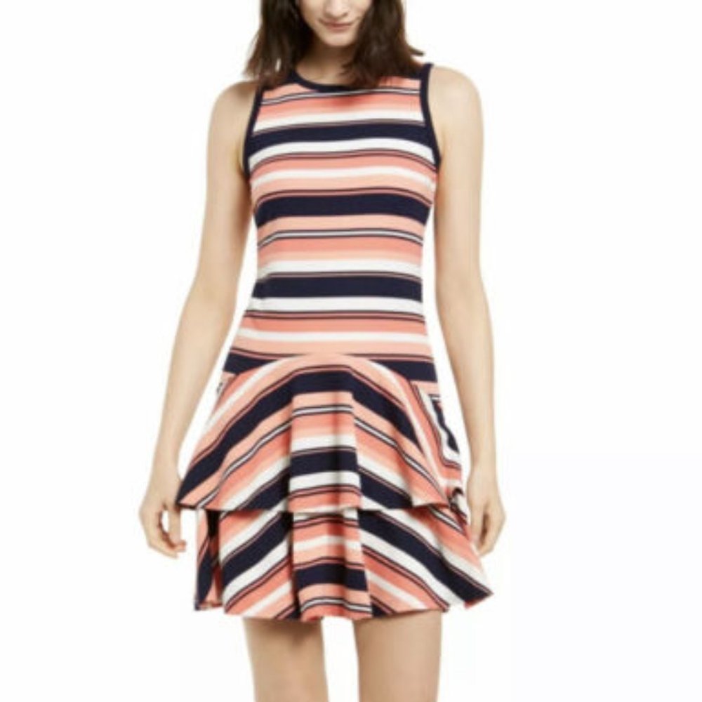 ❤️ NEW! $110 Michael Kors Coral Striped Sleeveless Mini Ruffled Dress Sz XS